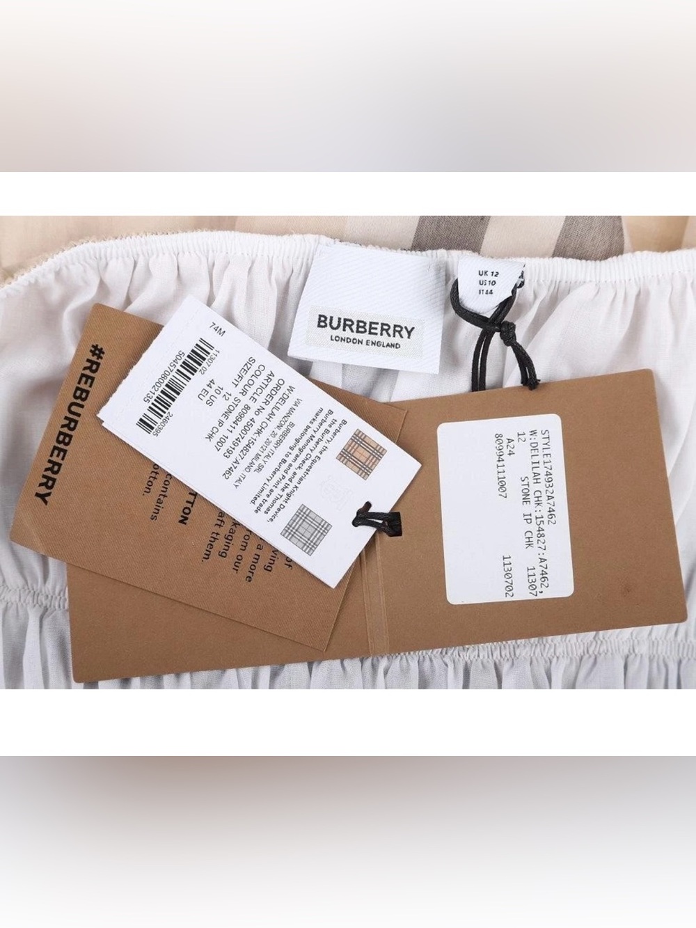 NEW BURBERRY CLASSIC BEIGE IVORY GRAY CHECK PLEATED COTTON SUMMER DRESS 44/10 - Picture 7 of 8
